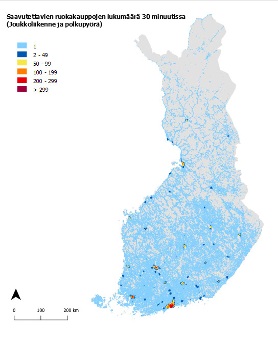 Suomen kartalla esitetty saavutettavien ruokakauppojen lukumäärä joukkoliikenteellä ja pyöräillen 30 minuutissa.