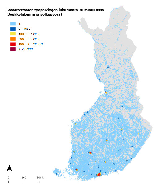 Suomen kartalla esitetty saavutettavien työpaikkojen lukumäärä joukkoliikenteellä ja pyöräillen 30 minuutissa.