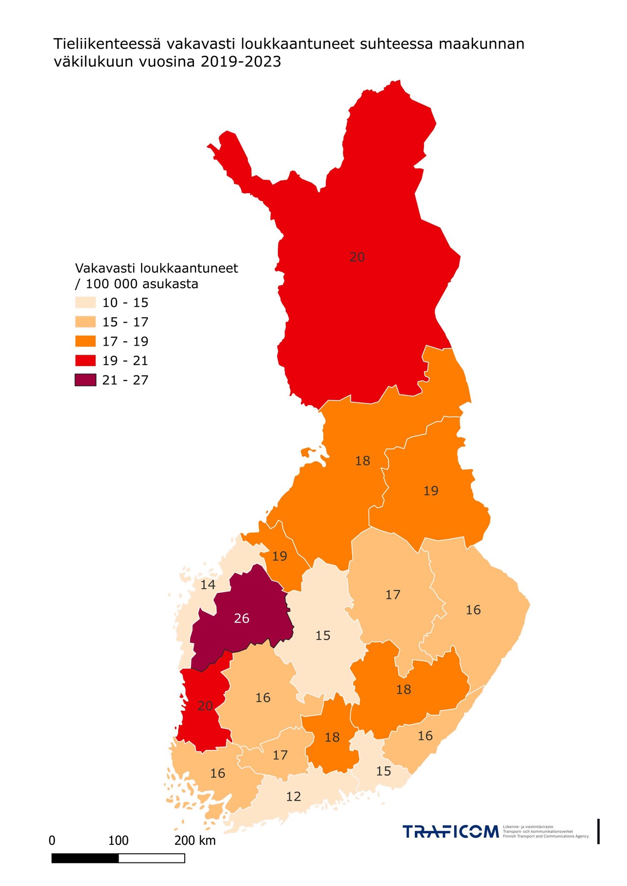 Kartta tieliikenteessä vakavasti loukkaantuneiden määrästä maakunnittain suhteessa maakunnan väkilukuun vuosina 2019-2023